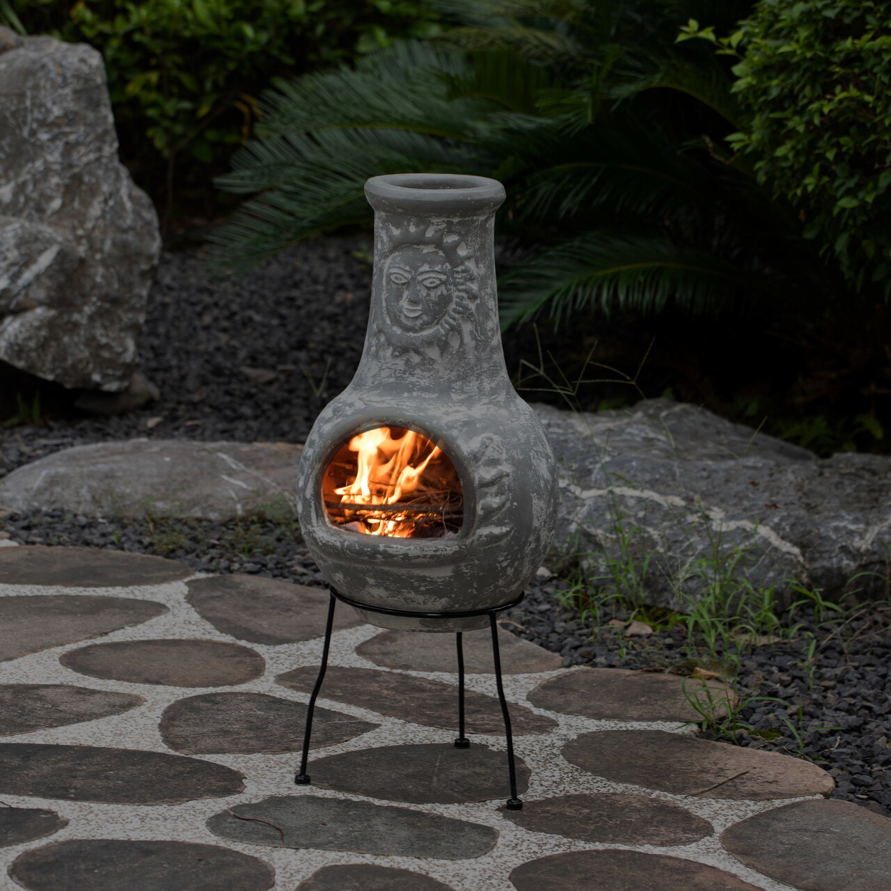 Outdoor Clay Chiminea Fireplace Sun Design Wood Burning Fire Pit with Sturdy Metal Stand, Barbecue, Cocktail Party, Cozy Nights Fire Pit